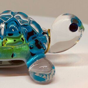 Bright Blue Turtle Glass Figurine Crystal Eyes Ocean Coastal Decor Gift